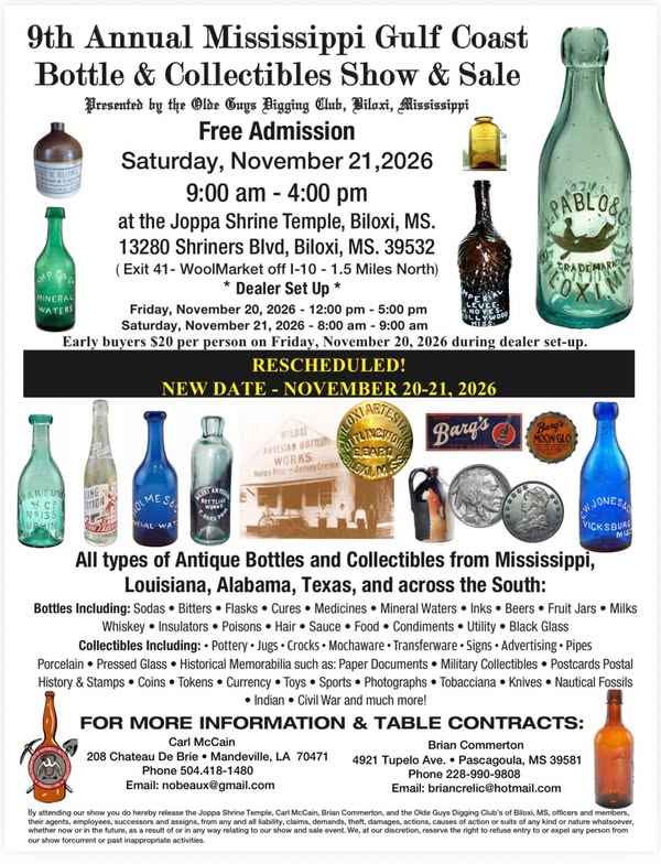 9th Annual Mississippi Gulf Coast Bottle & Collectibles Show & Sale flyer